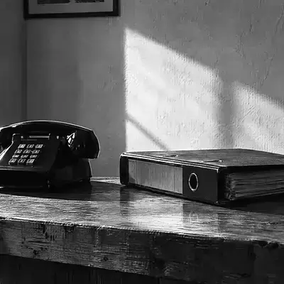 Schreibtischtelefon und ein dunkler Ordner auf einem Holztresen, hartes Sonnenlicht an der Wand
