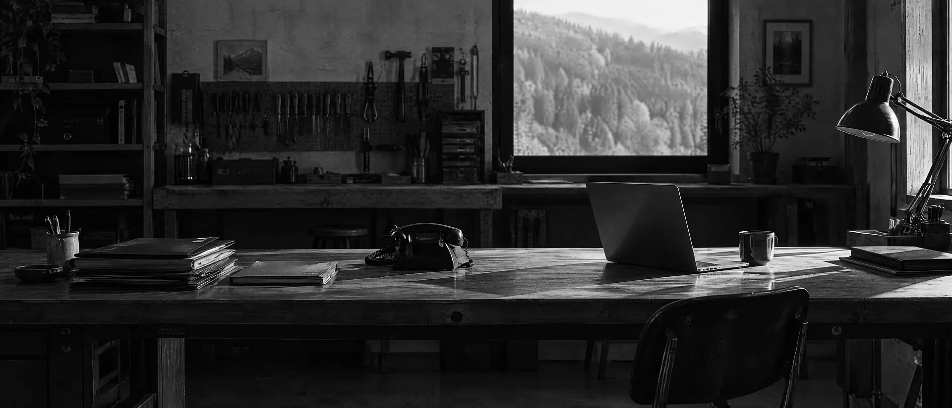 Langer Werktisch mit Mappen, Telefon und offenem Laptop, dahinter eine Werkbank mit Werkzeugwand und ein Fenster mit Blick auf bewaldeten Hang