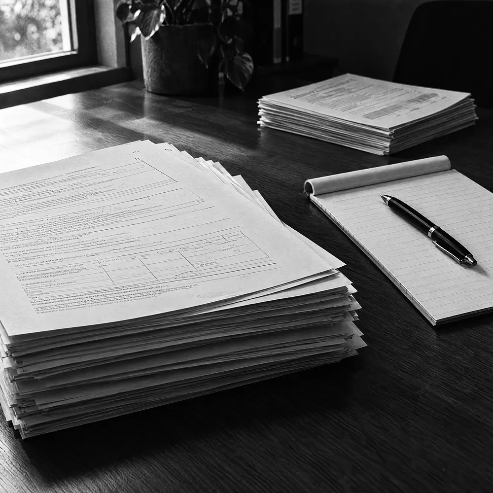 Stapel ausgedruckter Formulare auf einem Schreibtisch, daneben ein Notizblock mit Stift
