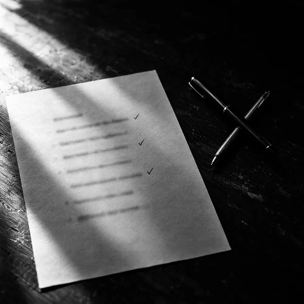 Ein Blatt Papier mit einer Liste, drei Zeilen abgehakt, daneben zwei gekreuzt liegende Stifte auf dunklem Holztisch