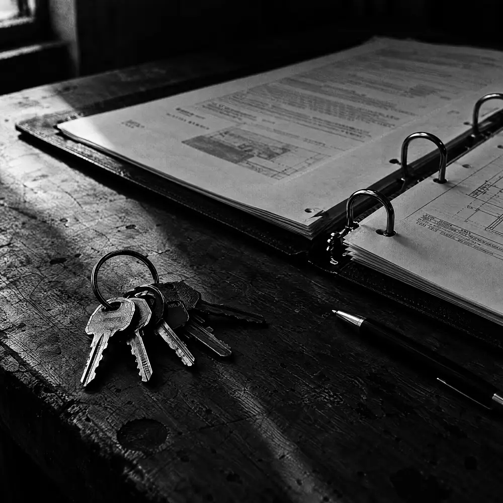 Schlüsselbund auf einer Werkbank, daneben aufgeschlagener Ordner mit Dokumentation und ein Stift