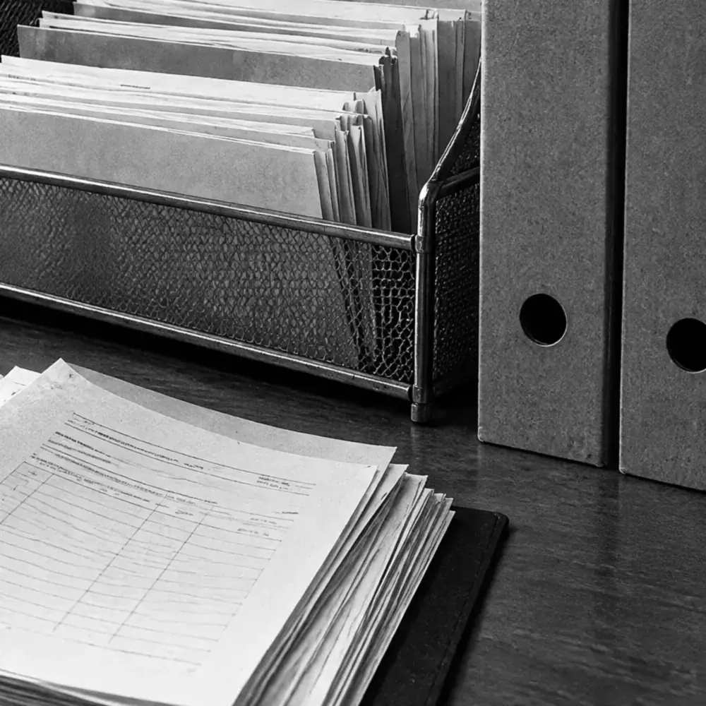 Zwei graue Archivboxen mit Griffloch, daneben ein Ablagekorb mit Belegen