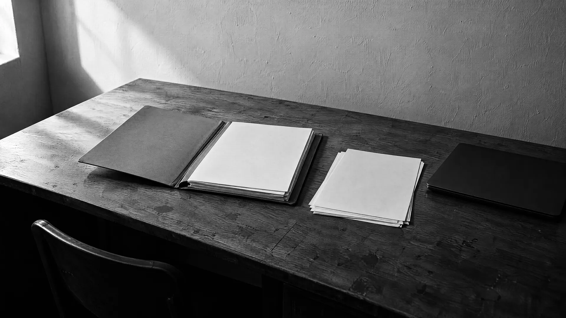 Aufgeschlagene Mappe mit losen Papieren und geschlossener Laptop auf einem Holztisch im Büro