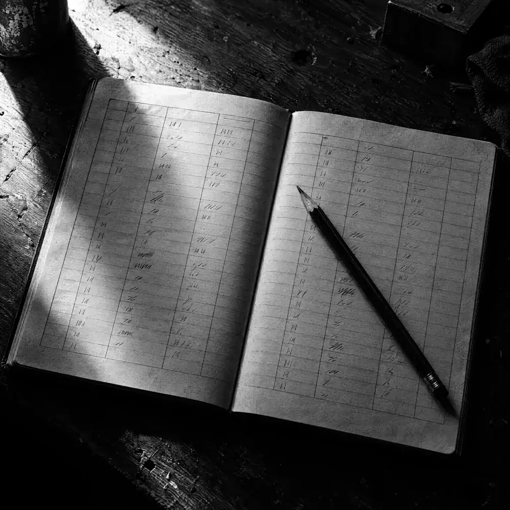 Aufgeschlagenes Arbeitsbuch mit Häkchen-Spalten und Bleistift auf einem abgenutzten Werktisch im harten Seitenlicht
