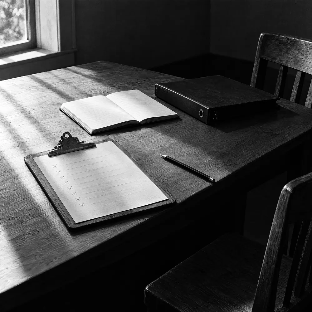 Klemmbrett mit Checkliste, aufgeschlagenes Notizbuch und geschlossener Ringordner auf einem leeren Besprechungstisch, hartes Seitenlicht