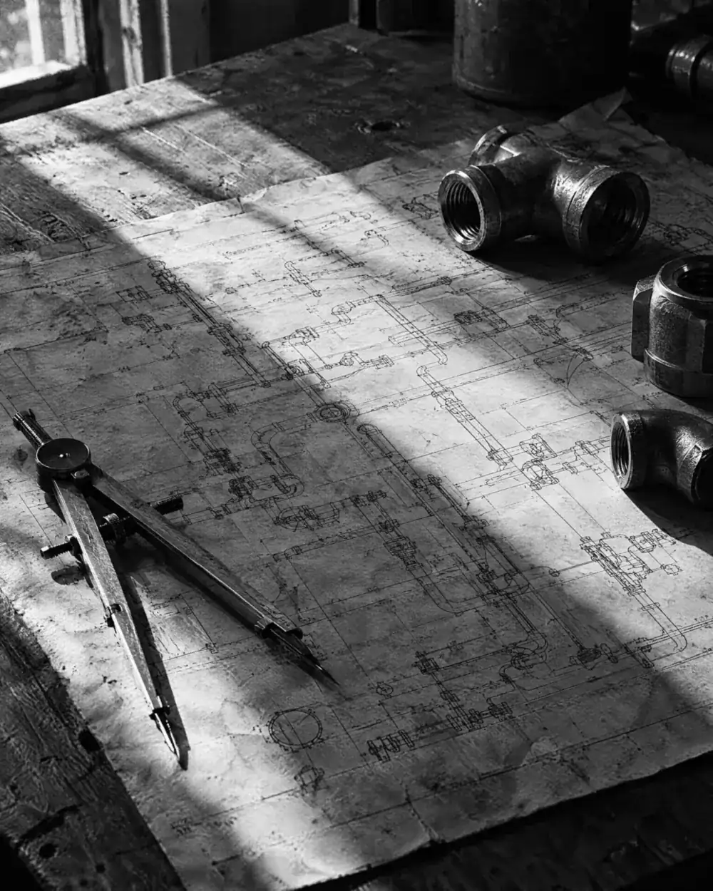 Technischer Leitungsplan mit unleserlichen Linien auf einem Werktisch, darauf Zirkel und Rohrverbinder