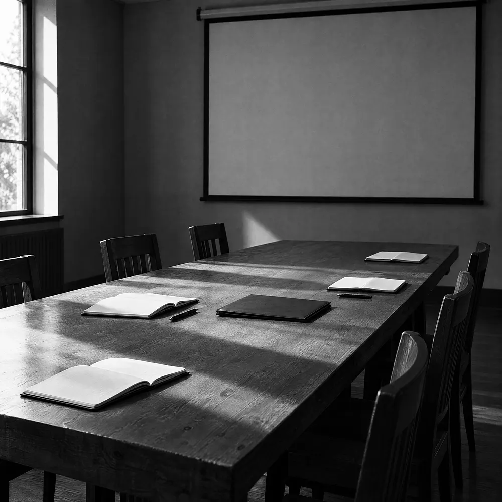 Leerer Besprechungsraum: vier aufgeschlagene Notizbücher, zwei Stifte und ein geschlossener Ordner auf einem langen Holztisch, leere Stühle und leere Leinwand an der Wand