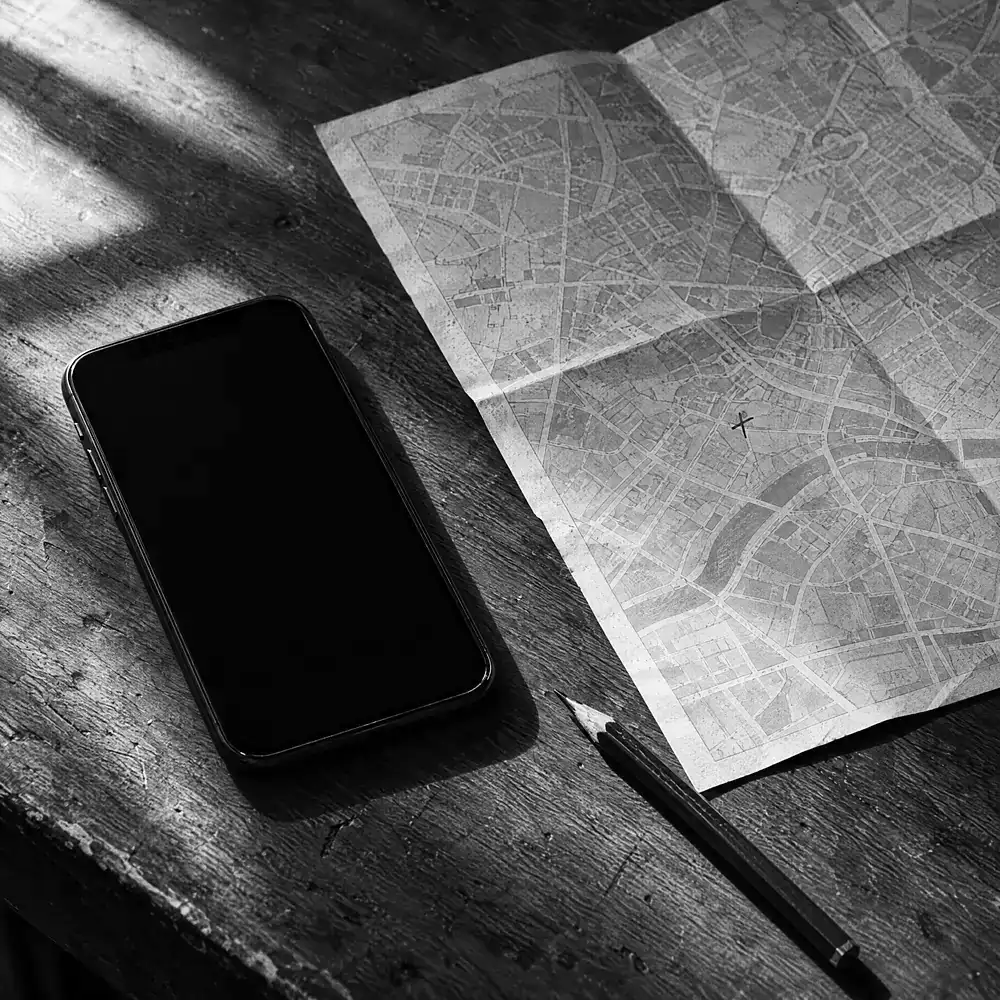 Smartphone mit dunklem Display neben einem aufgeklappten Stadtplan mit Bleistift auf einem Holztisch