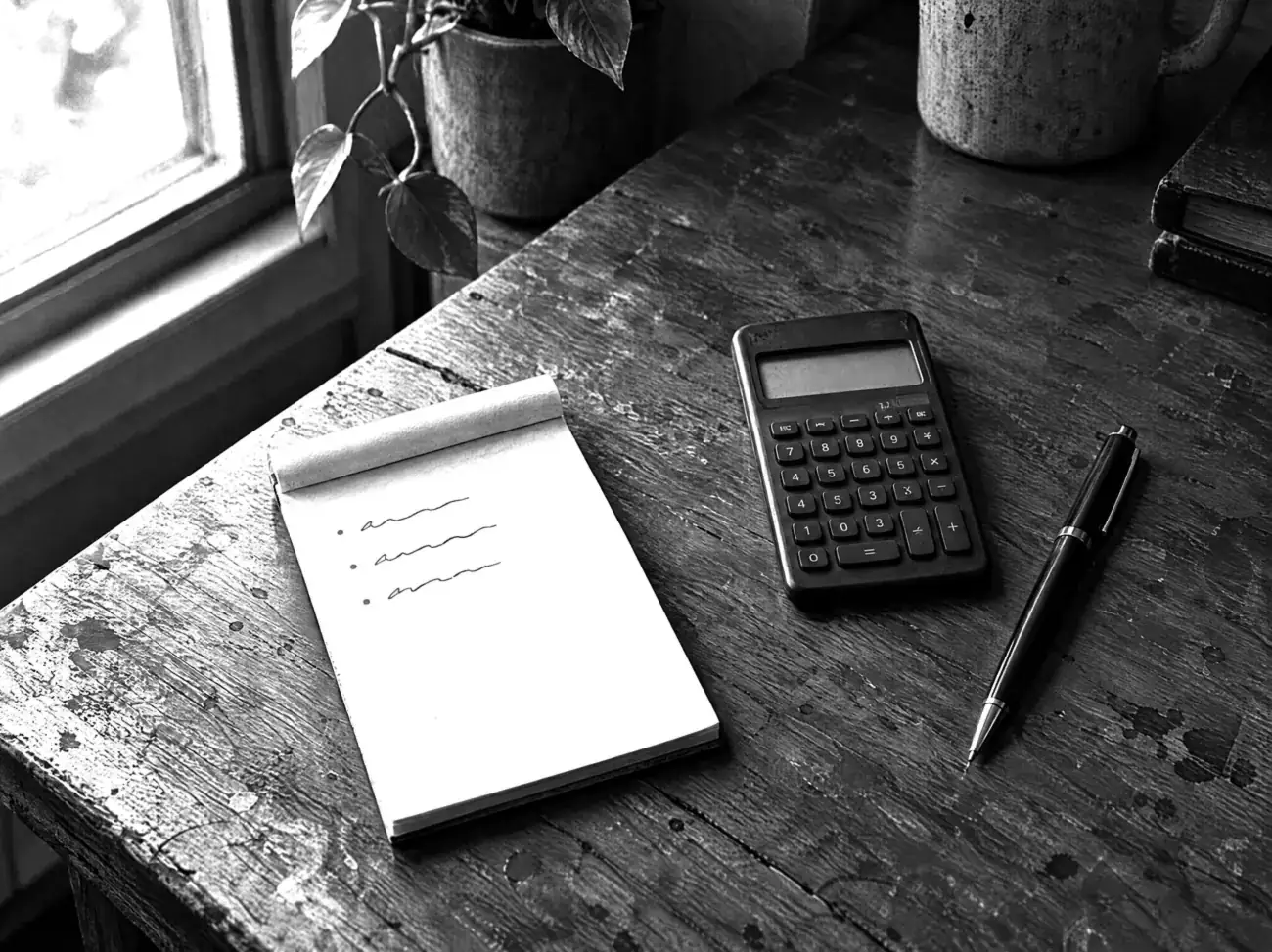 Notizblock mit kurzer Liste, daneben ein Taschenrechner und ein Stift auf einem Holztisch