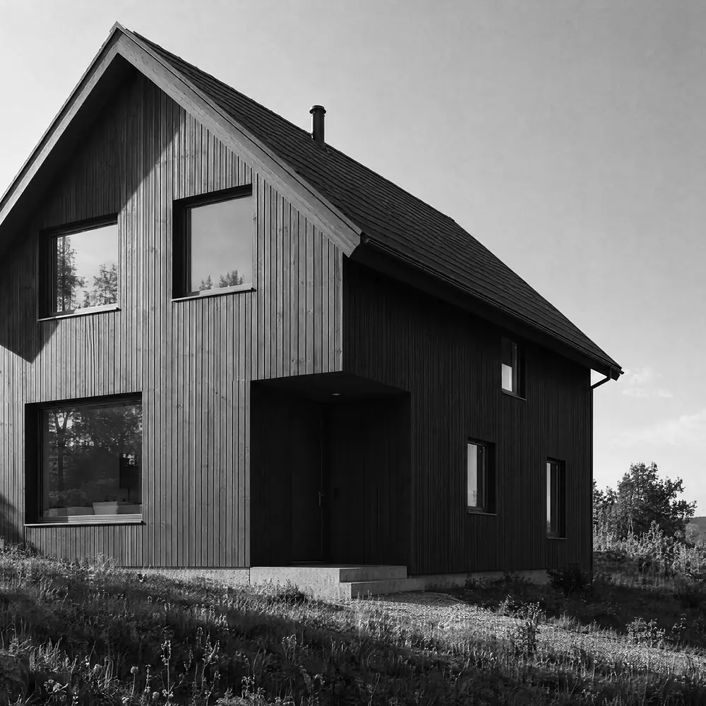 Holzhaus mit Satteldach und Glasfront: Ausschnitt der fertigen Visualisierung