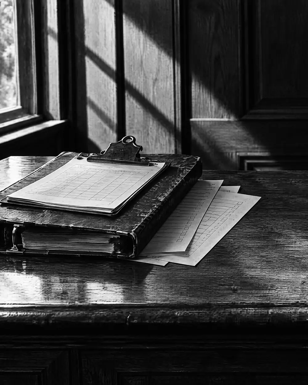 Klemmbrett mit Checkliste auf einem alten Registerbuch, daneben lose Formulare