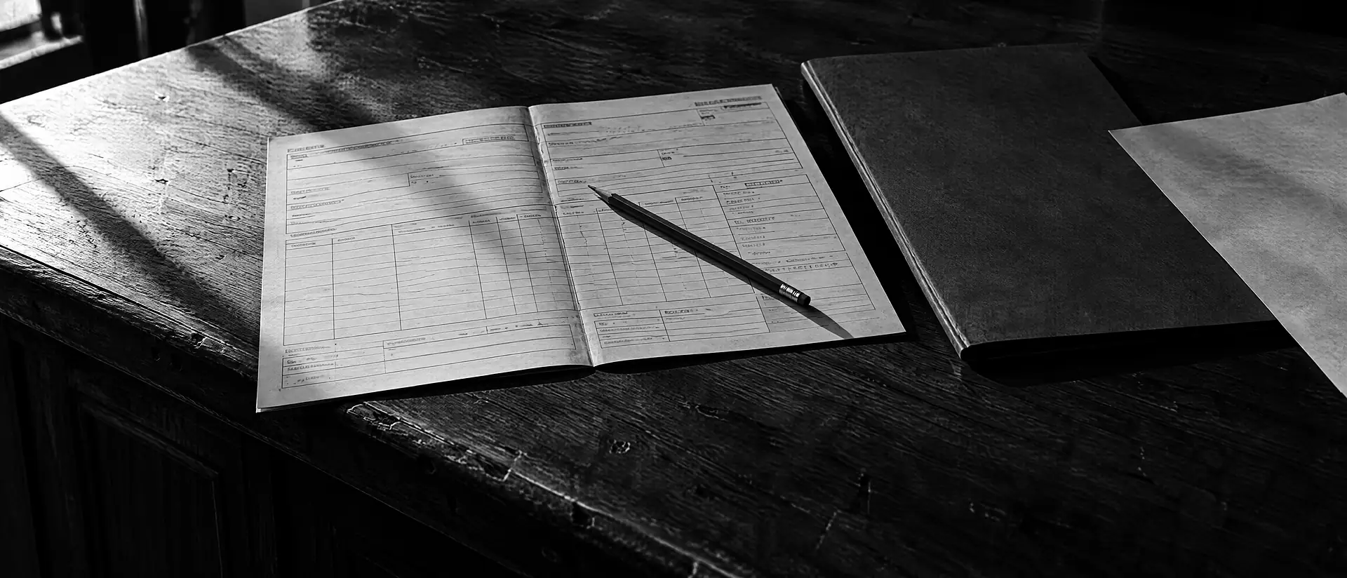 Aufgeschlagenes Formular mit unleserlichem Vordruck und Bleistift auf einem hölzernen Empfangstresen