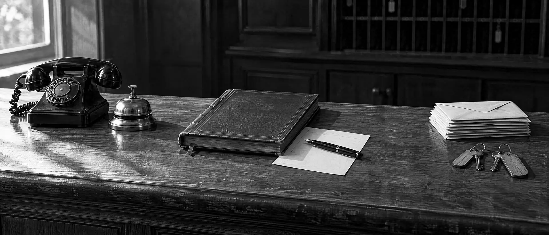 Rezeptionstresen mit Telefon, Messingglocke, Gästebuch und Poststapel im Seitenlicht