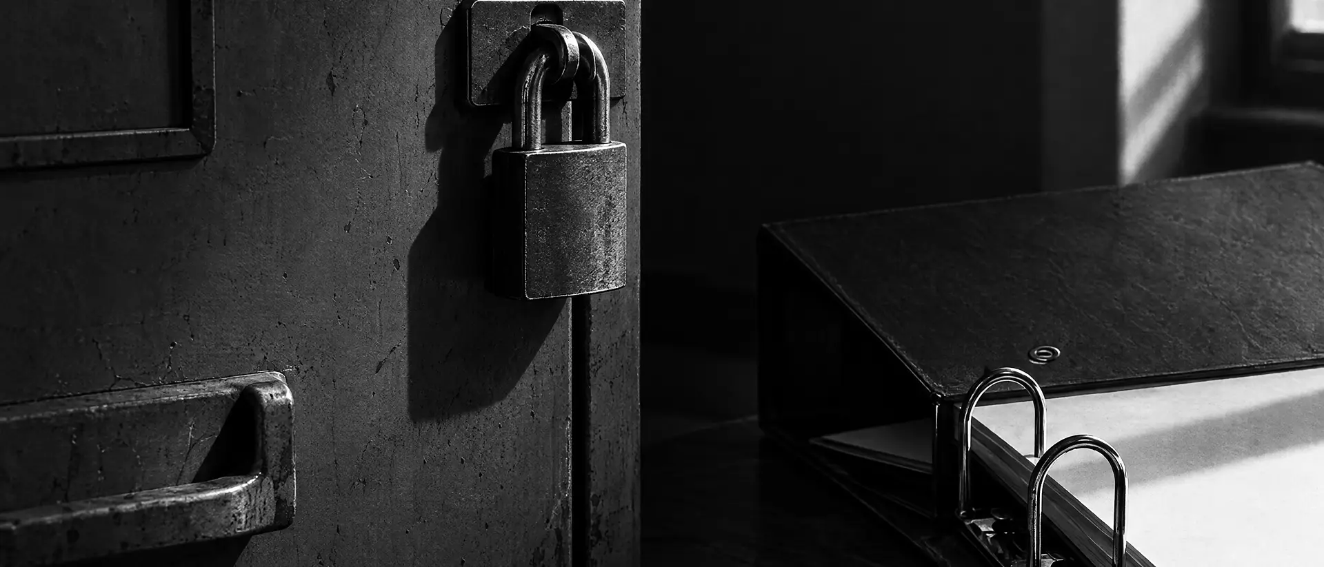 Vorhängeschloss an einem geschlossenen Metall-Aktenschrank, daneben ein aufgeschlagener Ringordner mit leeren Blättern im harten Seitenlicht