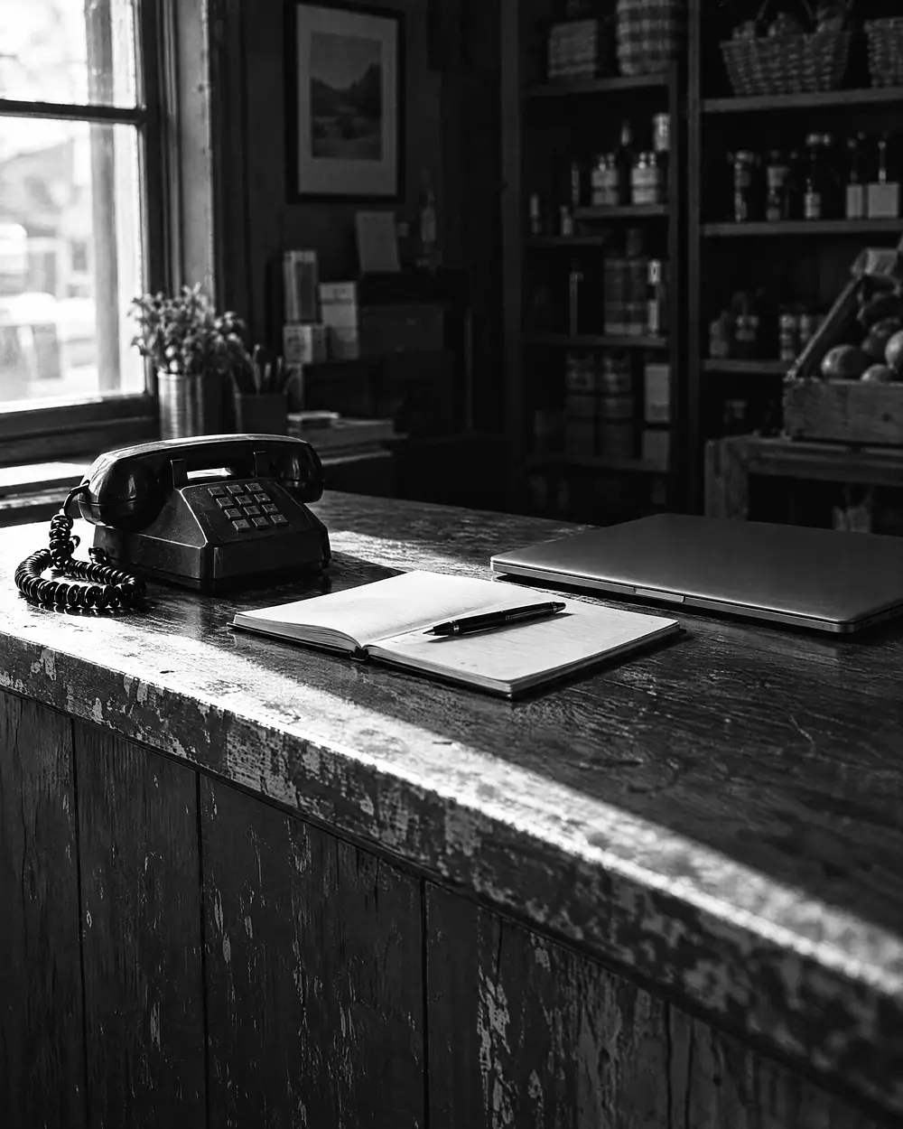 Telefon, aufgeschlagener Notizblock und geschlossener Laptop auf einer Ladentheke