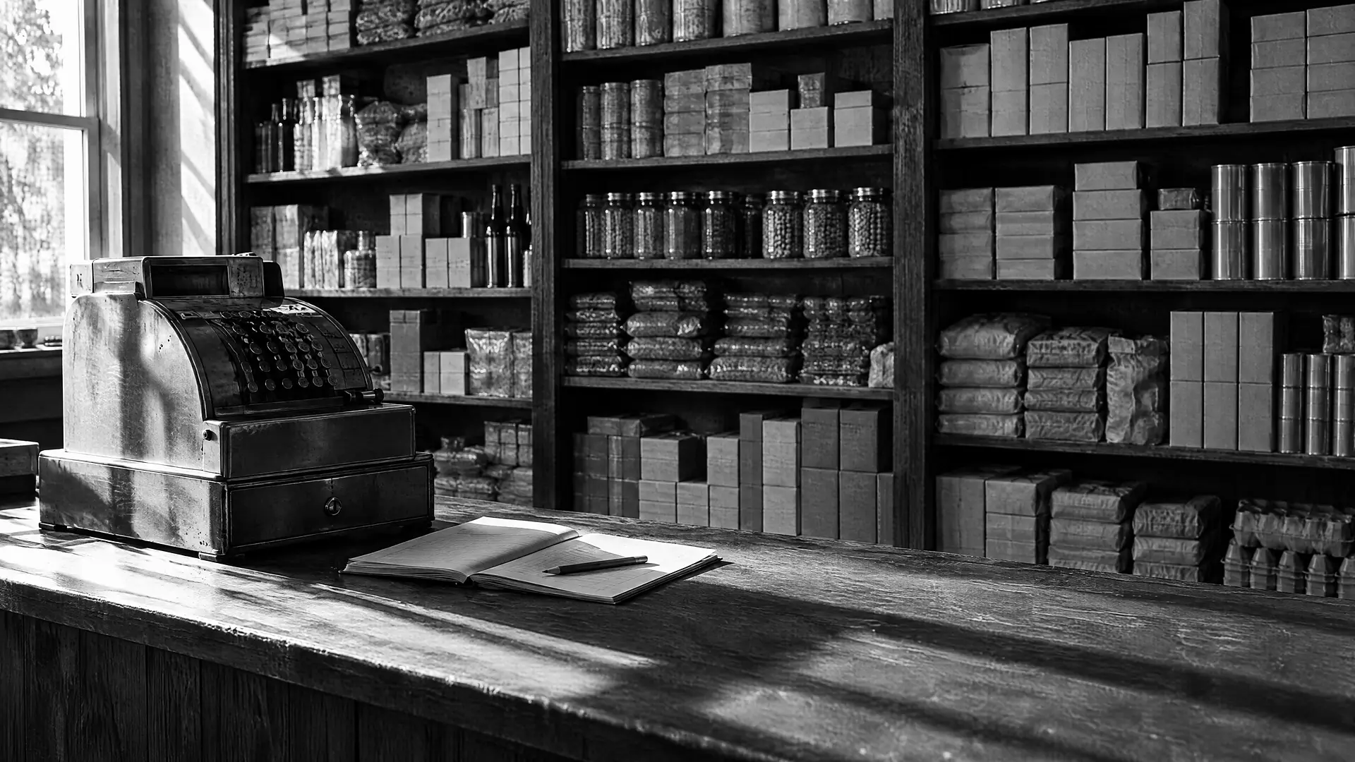 Ladentheke mit Kasse und aufgeschlagenem Notizblock, dahinter Regale voller Waren