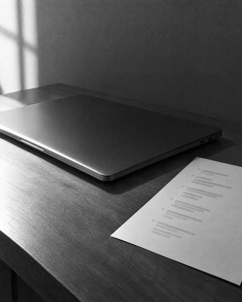 Geschlossener Laptop schräg von der Seite, daneben ein ausgedrucktes Blatt mit unleserlichen Zeilen