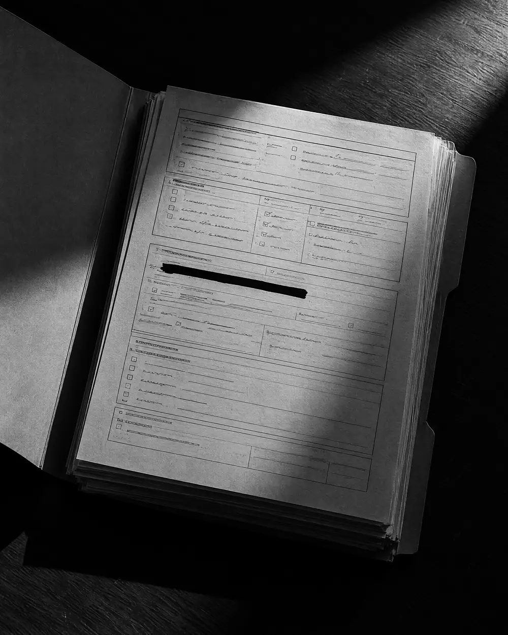 Aufgeschlagener Ordner mit Dokumentenstapel, eine Zeile auf dem obersten Formular mit schwarzem Balken geschwärzt