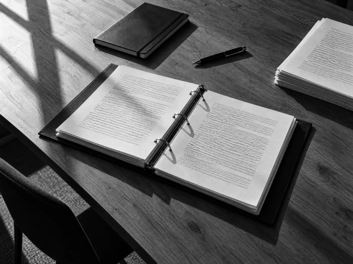 Aufgeschlagener Ringordner mit Schulungsunterlagen auf einem Besprechungstisch, daneben Notizbuch und Stift