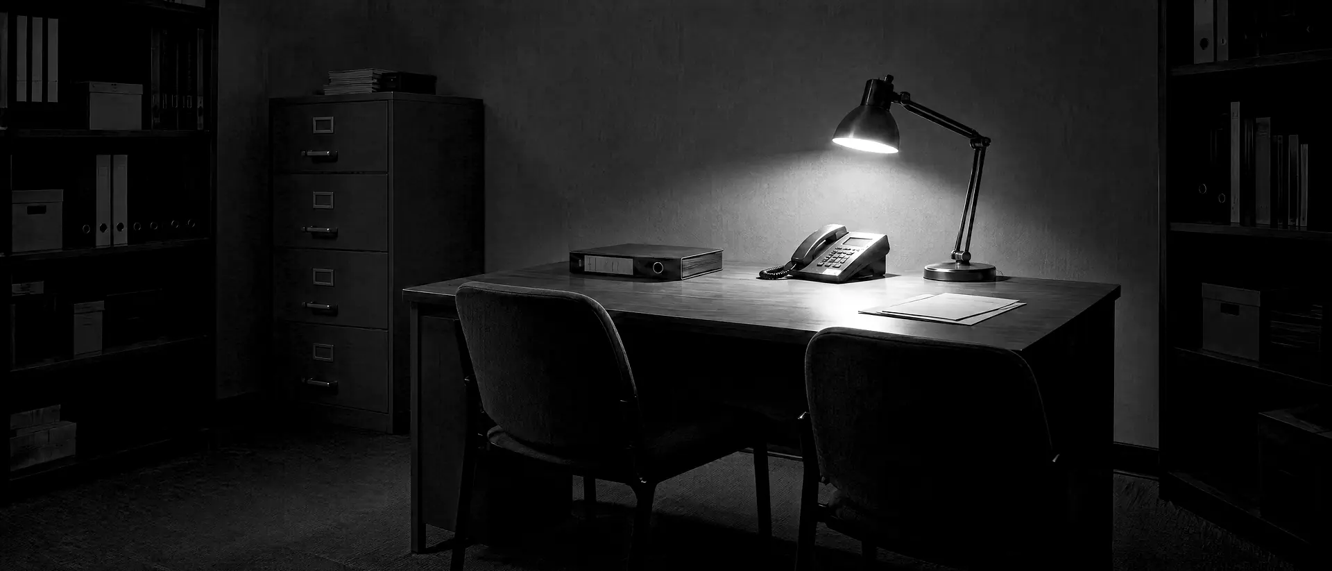 Leeres Büro am Abend, Schreibtischlampe beleuchtet ein Telefon und einen geschlossenen Ordner